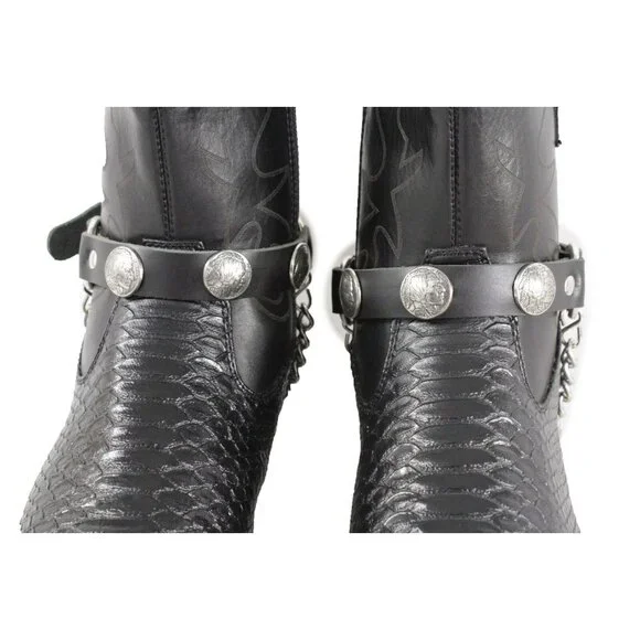 Men Boots Chains Pair Black Faux Leather Strap Native American Charm Motorcycle